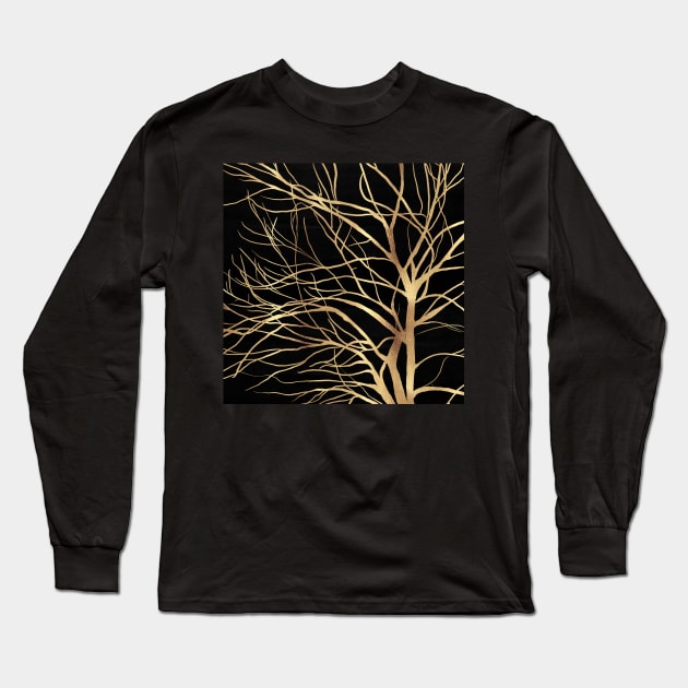 Modern Gold Tree Silhouette Minimal Black Design Long Sleeve T-Shirt by NdesignTrend